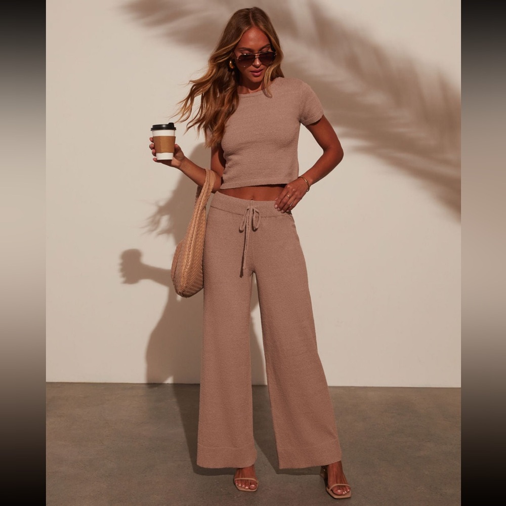 Women's Tan Crew Neck Top & High Rise Wide Leg Pants